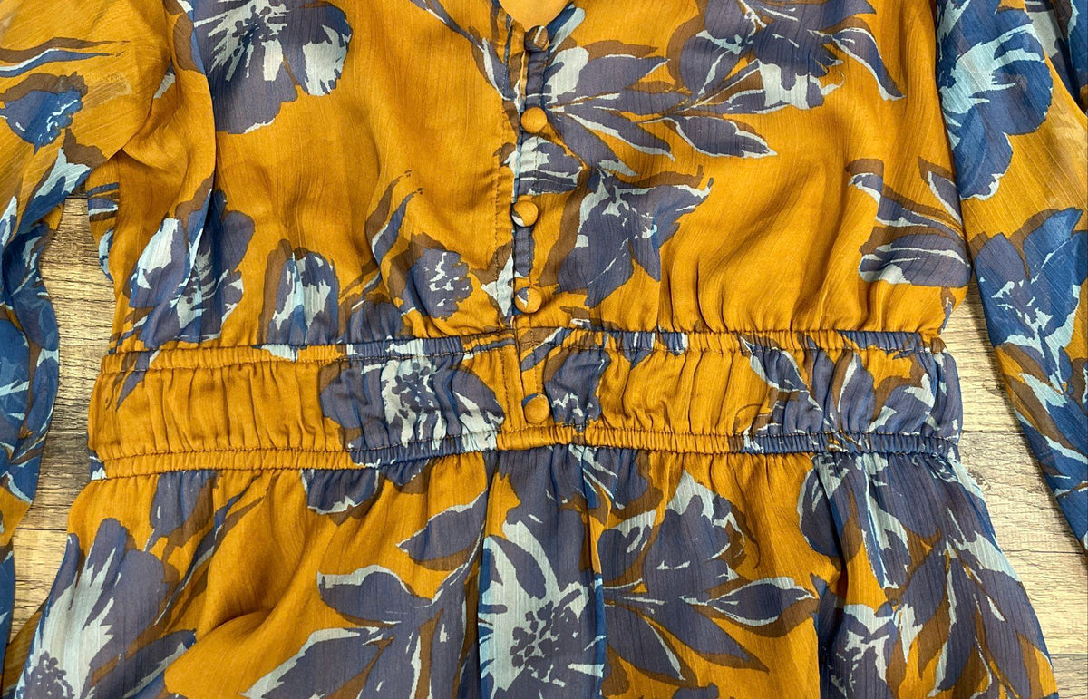 Shyanne Women's Yellow Blue Floral Peplum Blouse V-Neck Long Sleeve NWT Sz S