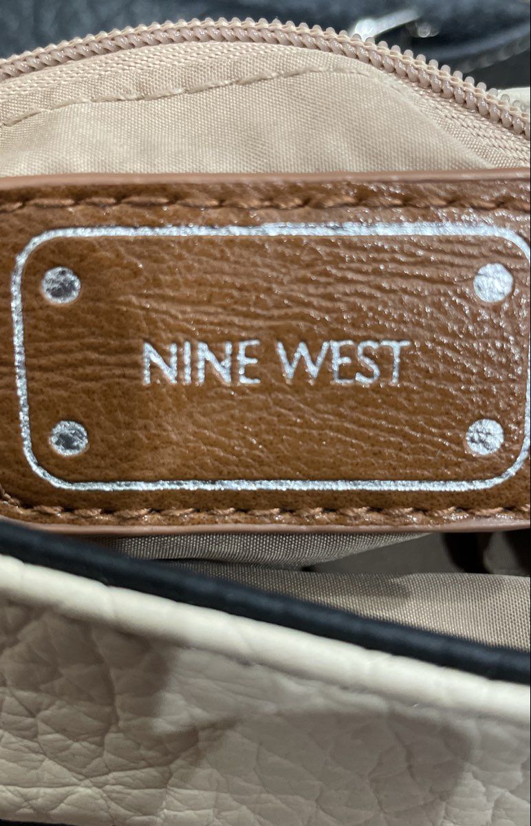 Nine West Cream Black Pebbled Leather Crossbody Bag Silver Hardware