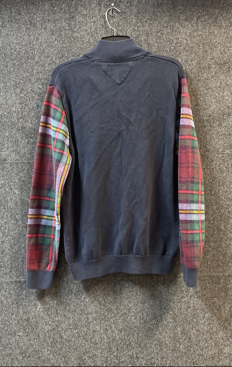 Tommy Hilfiger Men's Navy Blue 1/4 Zip Sweater Plaid Tartan Sleeves Cotton Sz L
