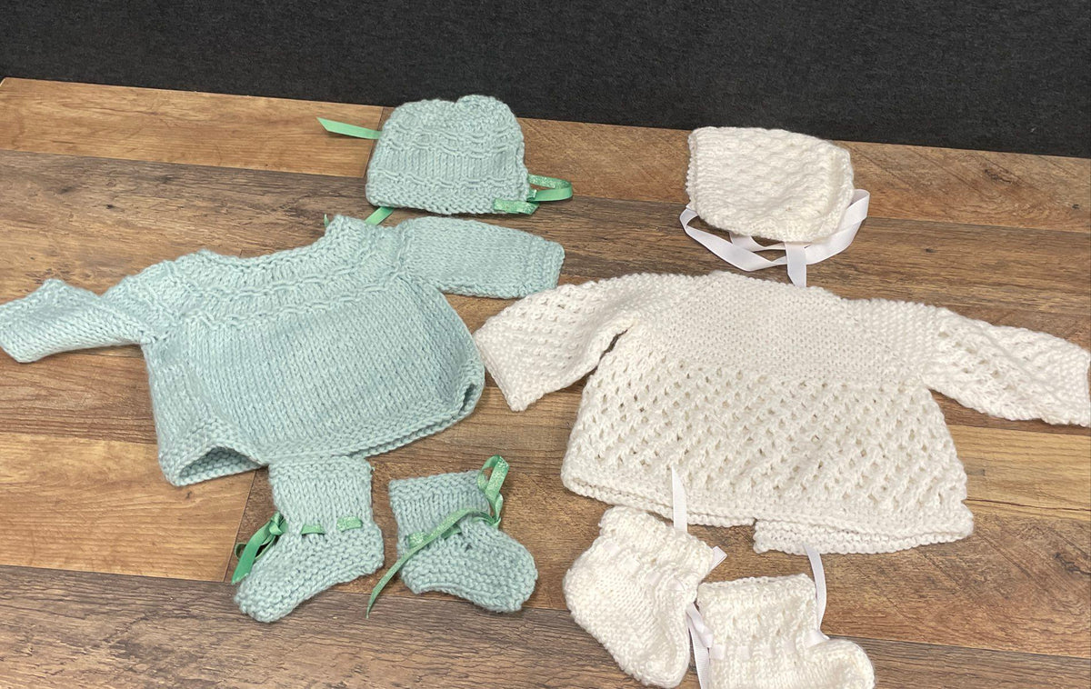 Vintage Handmade Crochet Baby Outfit Set Lot 2 Mint Green White Bonnet Booties
