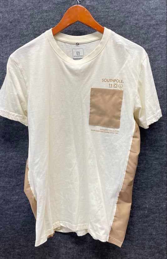 Southpole Men's Off-White T-shirt Contrast Tan Pocket Graphic Side Panels Sz L