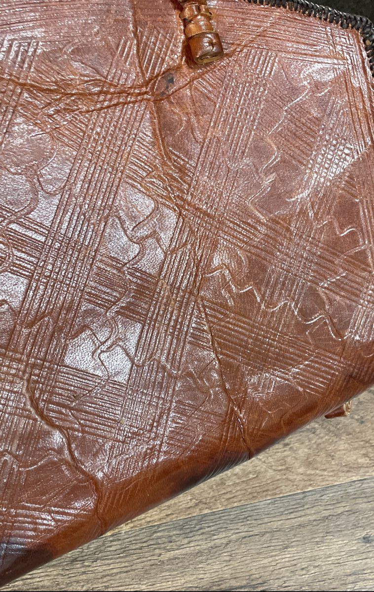 Vintage 1970s Brown Tooled Leather Handbag and Matching Wallet Set