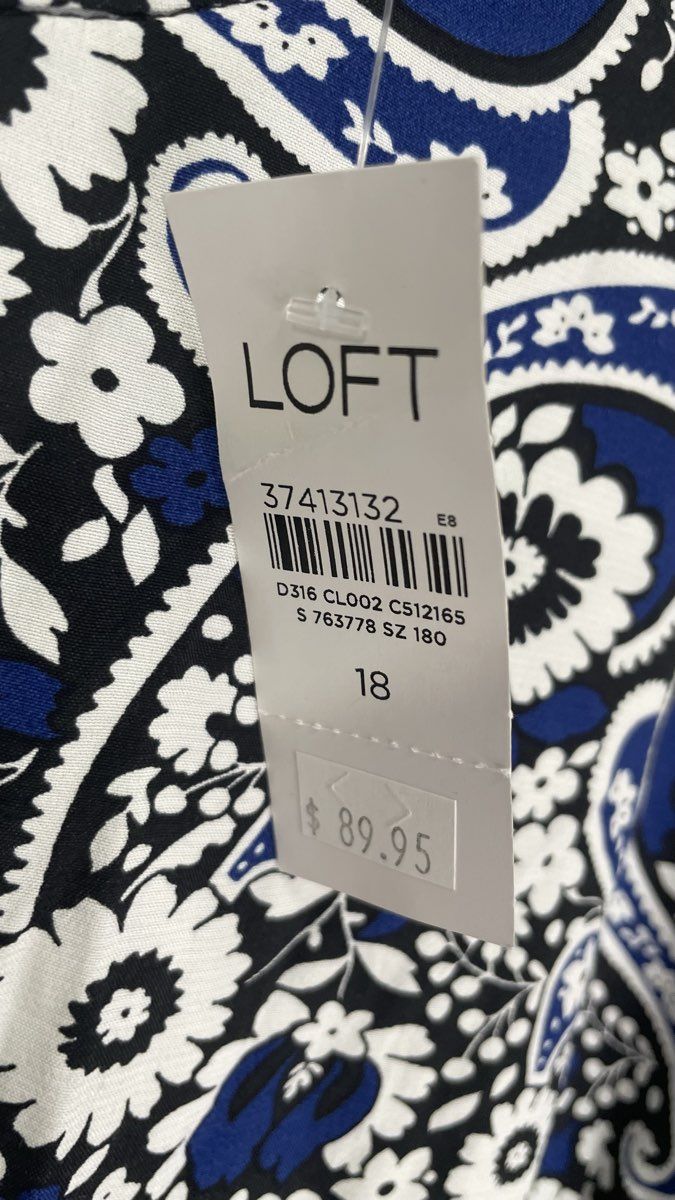 LOFT Women's Blue Black White Paisley Floral Long Sleeve Shift Dress NWT Sz 18
