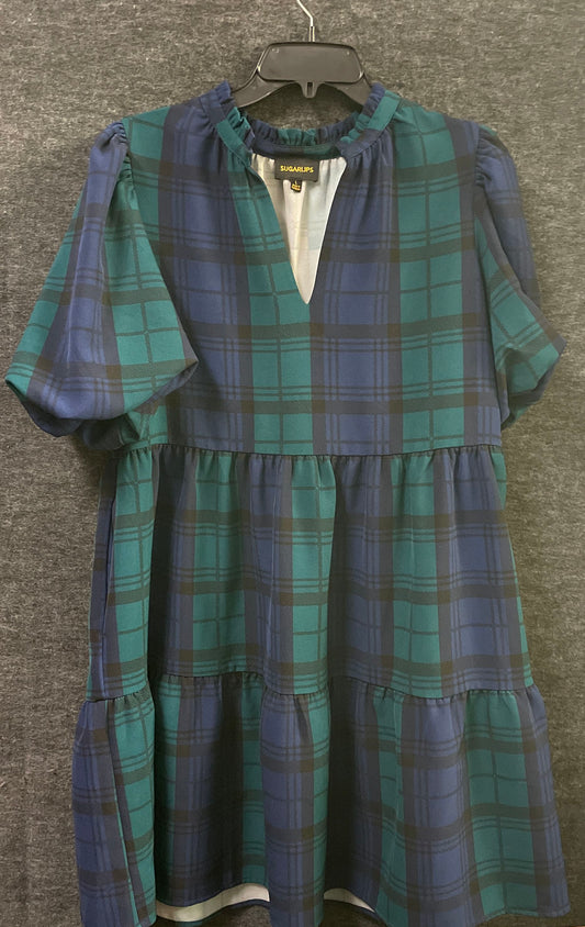 Sugarlips Women's Green Blue Plaid Tiered Long Sleeve Puff Dress Sz L