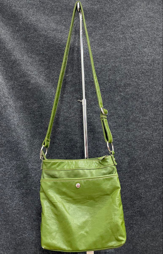 Franco Sarto Green Leather Crossbody Messenger Bag Silver Hardware Multi-Pocket