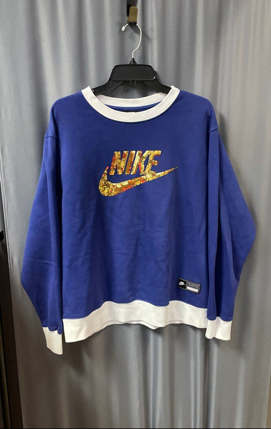 Nike Women's Royal Blue Sequin Logo Crew Neck Sweatshirt White Trim Sz L