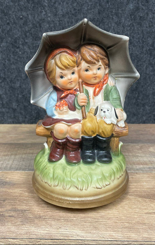 Vintage Musical Figurine Boy & Girl w/ Dog Under Umbrella Ceramic Music Box