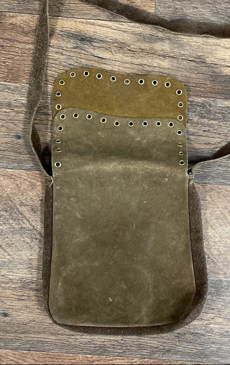 Vintage Brown Green Suede Leather Crossbody Bag Bohemian Eyelet Grommet Trim