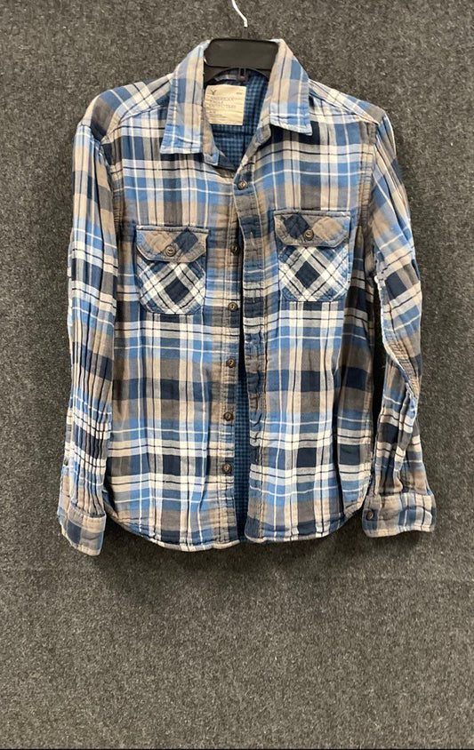 American Eagle Men's Blue Gray Plaid Flannel Shirt Double Pocket Cotton Sz M