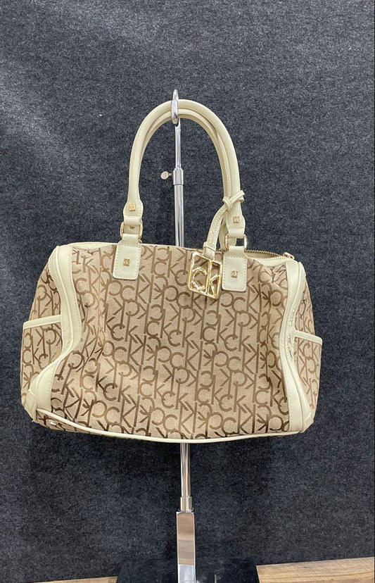 Calvin Klein Brown Monogram White Leather Satchel Handbag Gold Hardware
