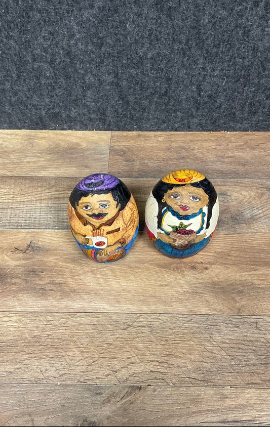 Vintage Folk Art Hand Painted Gourd Figurines Man & Woman Nesting Doll Style