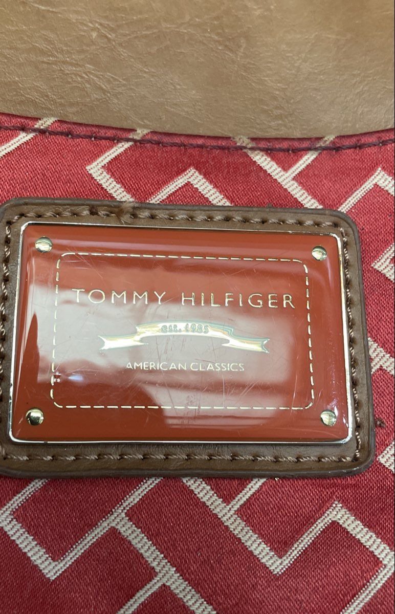 Tommy Hilfiger Red Monogram Canvas Tote Handbag Tan Trim Striped Handles Large
