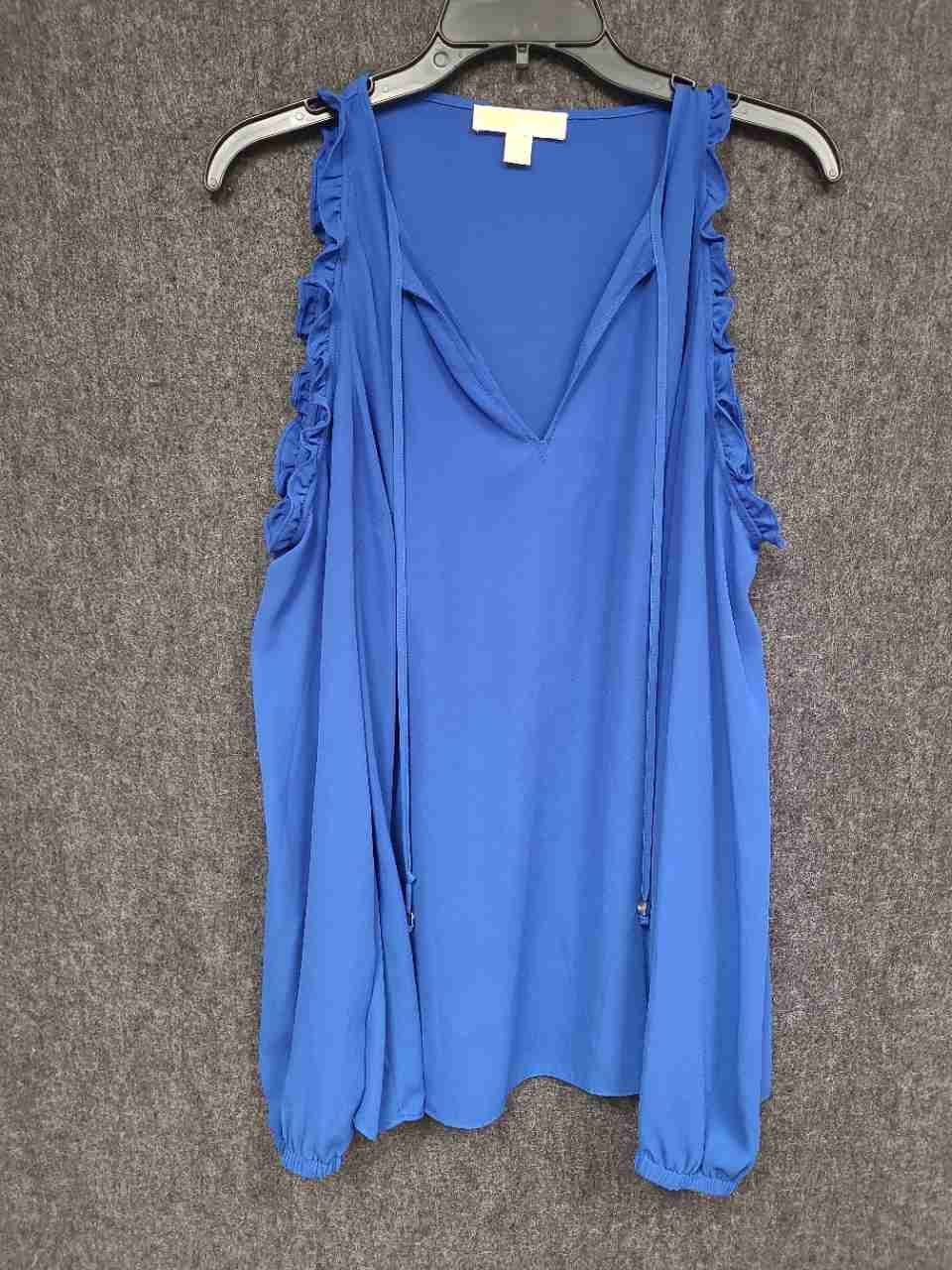 Michael Kors Women's Blue Cold Shoulder Ruffle Tie Neck Blouse Sz L