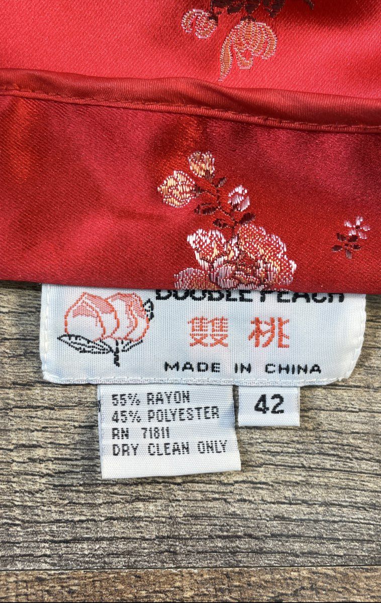 Vintage Double Peach Women's Red Floral Qipao Top Cheongsam Frog Closure Sz 42