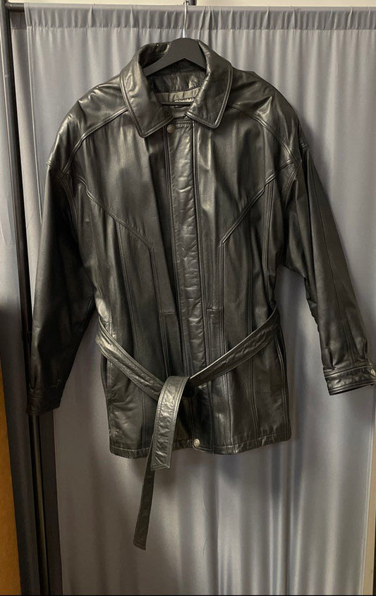Vintage 90s Wilsons Men's Black Belted Leather Coat Thinsulate Insulated Sz XL