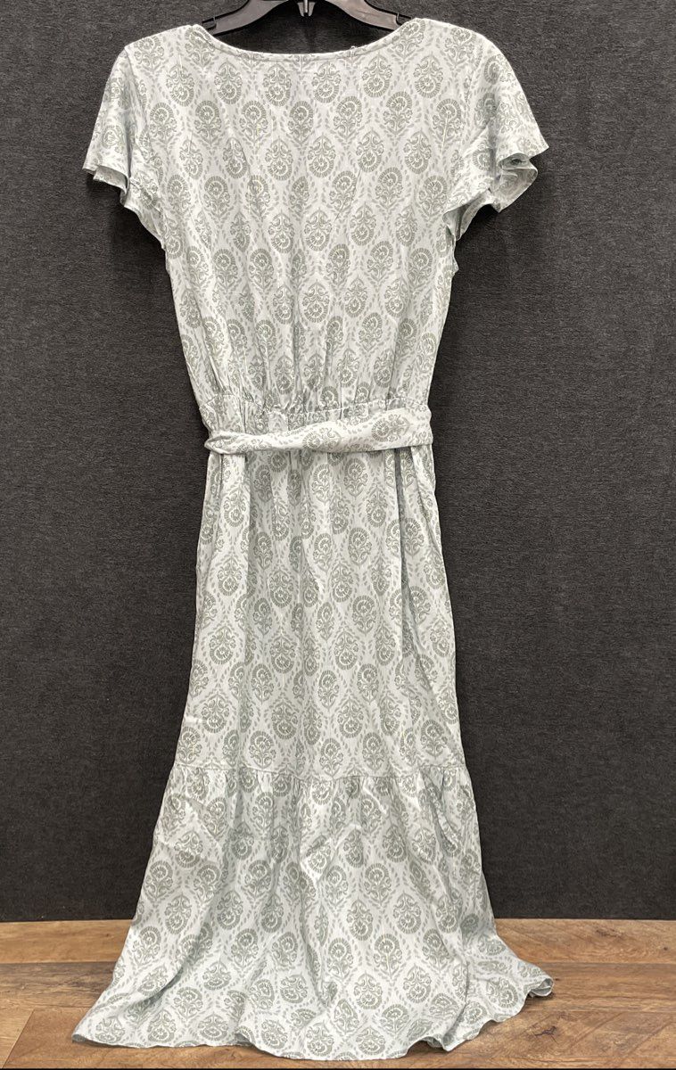 Lucky Brand Women's Dress Sage Green Gold Metallic Paisley Maxi Tiered Sz L
