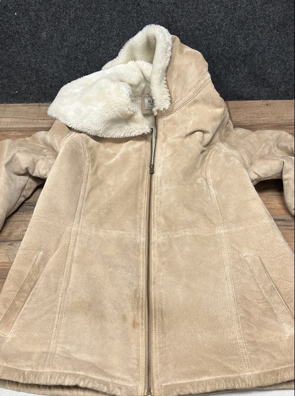 Sonoma Women's Tan Suede Leather Hooded Jacket Faux Fur Lined Sz M