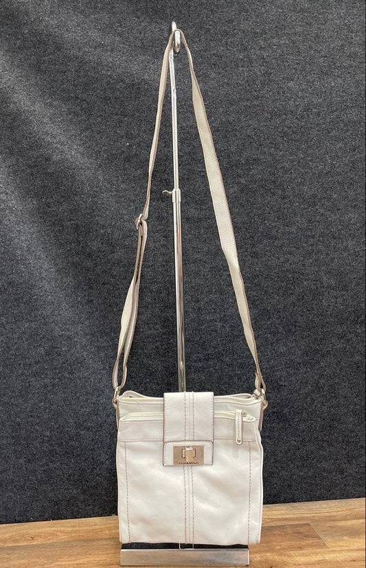 Tignanello White Pebbled Leather Crossbody Bag Silver Hardware Adjustable Strap