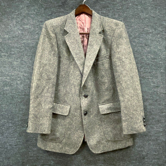 Vintage 80s Gray Herringbone Tweed Wool Blazer Mauve Lining Size NS