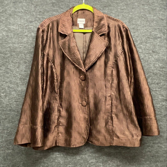 Chico's Women's Brown Shimmer Crinkle Pleated 2-Button Blazer Jacket Size 2