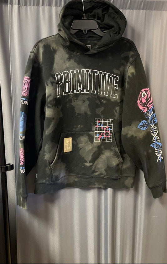 Primitive Men's Black Acid Wash Graphic Rose DNA Pullover Hoodie Sz M