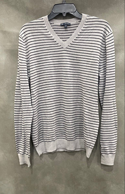 Gap Men's Italian Merino Wool V-Neck Sweater Gray Black Thin Striped Size S
