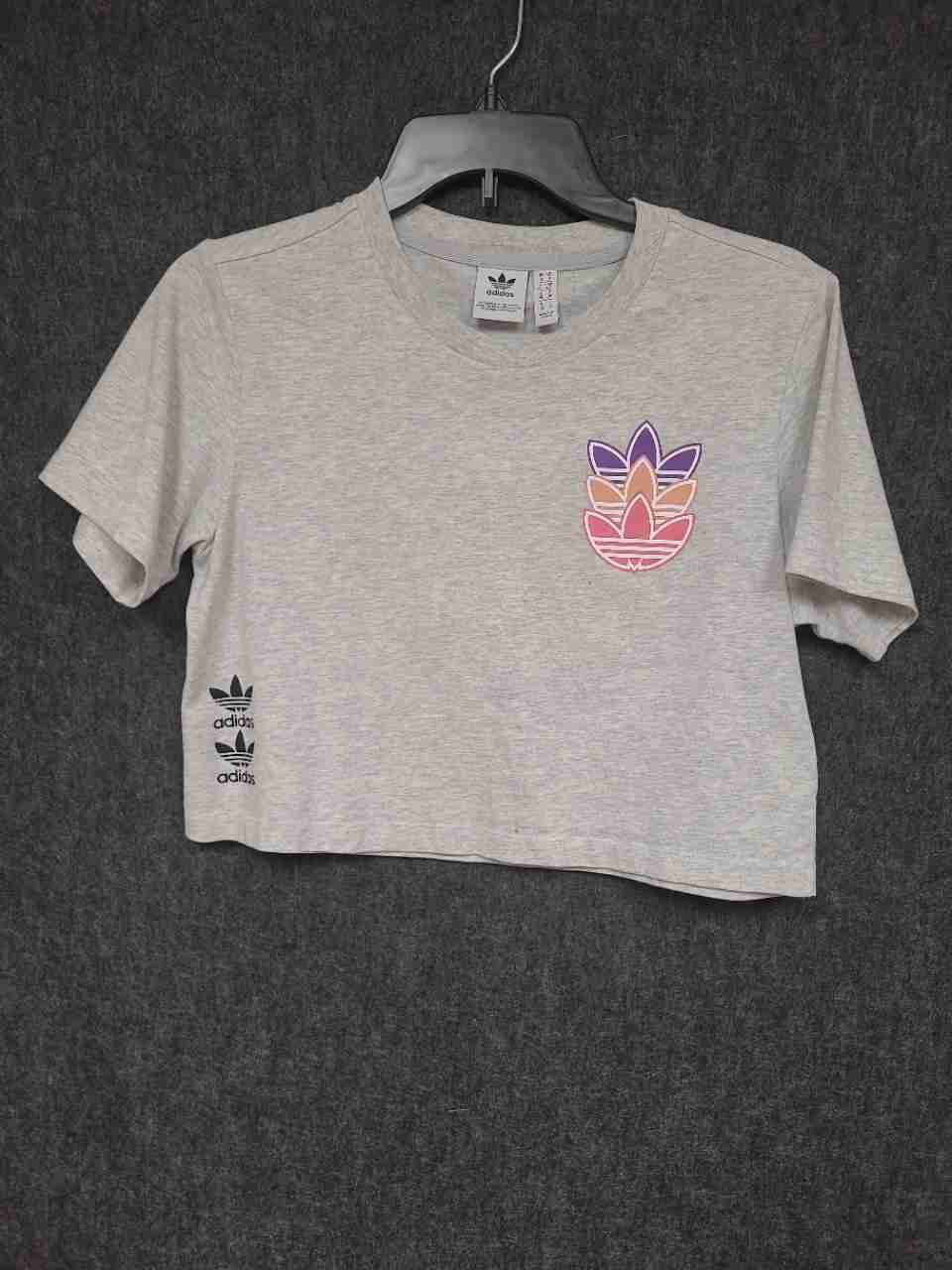 Adidas Women's Gray Graphic Trefoil Logo Short Sleeve Crop Top Size S