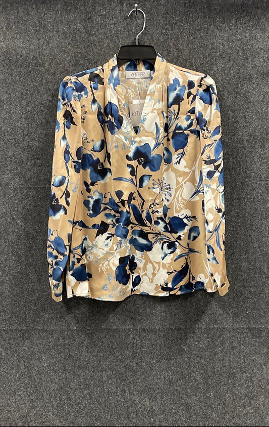 Kasper Women's Sand Blue Floral Long Sleeve Split Neck Blouse NWT Sz S