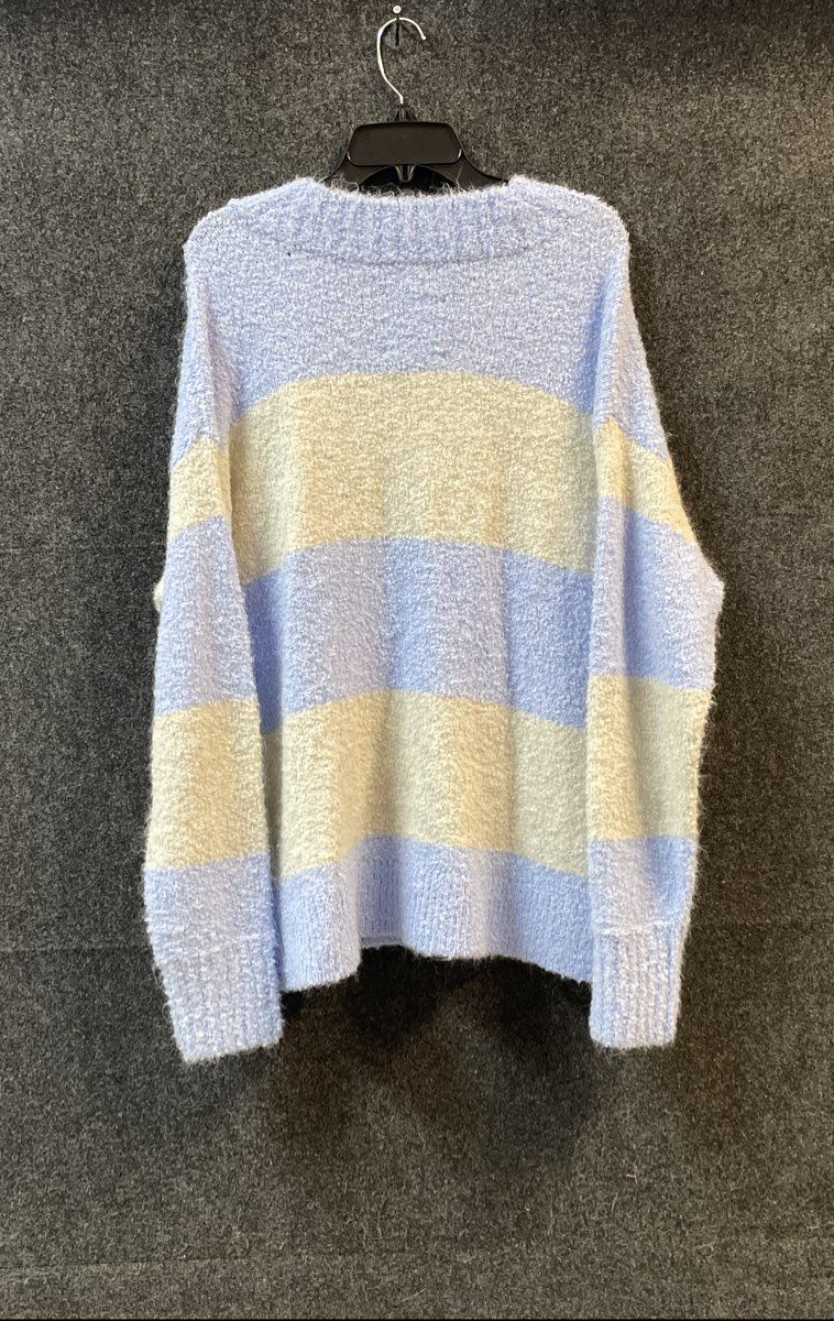 Aerie Women's Blue Cream Striped V-Neck Fuzzy Textured Knit Sweater Sz M