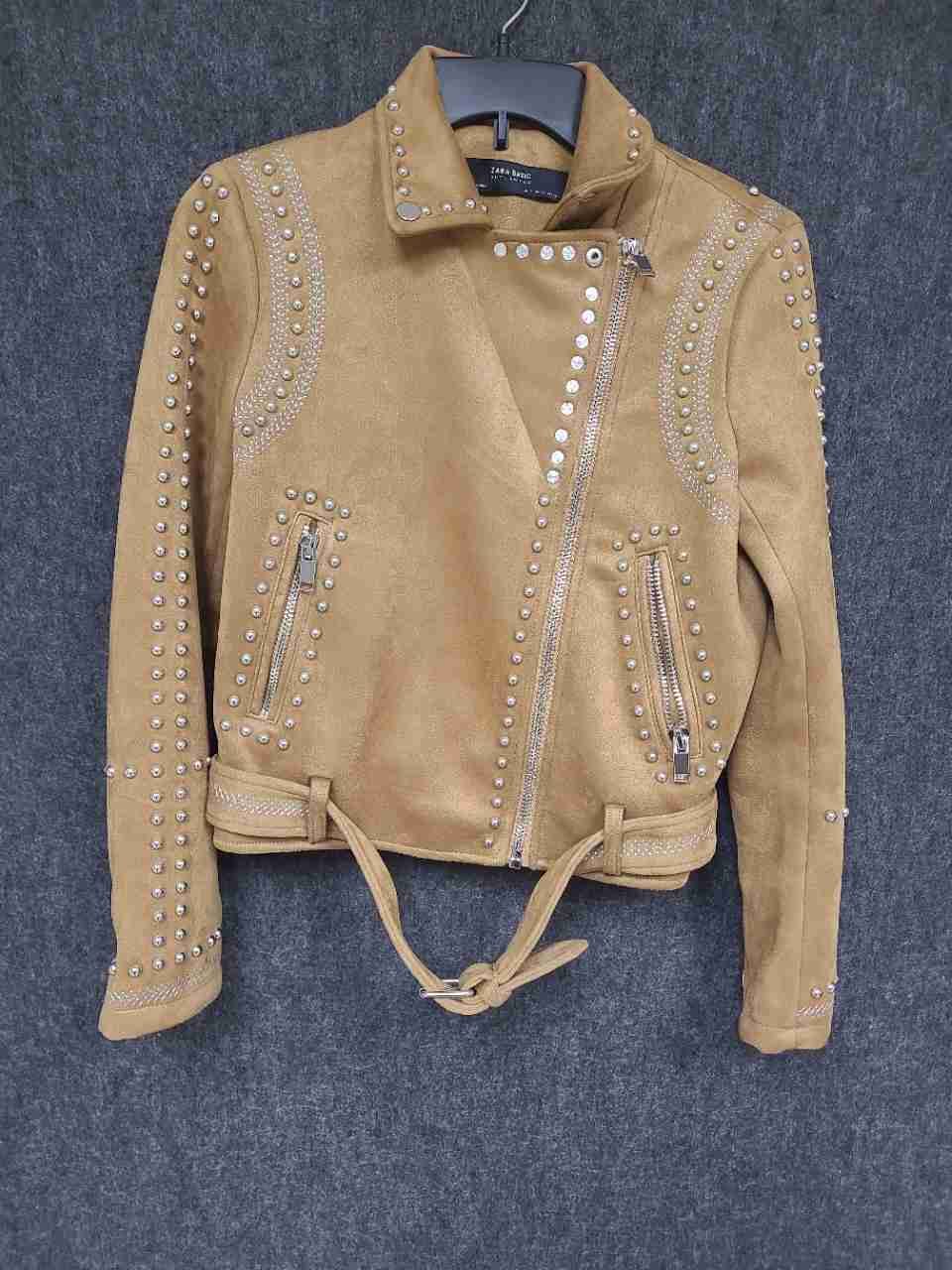 Zara Women's Tan Faux Suede Studded Asymmetric Biker Moto Jacket Belted Sz S