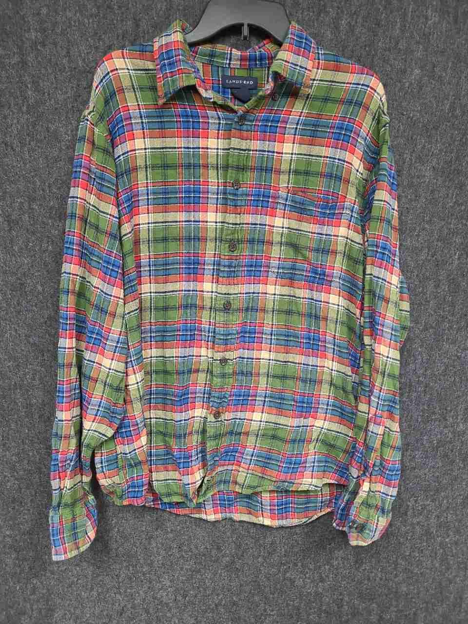 Lands' End Men's Vintage 90s Green Red Plaid Flannel Button Down Shirt Sz L