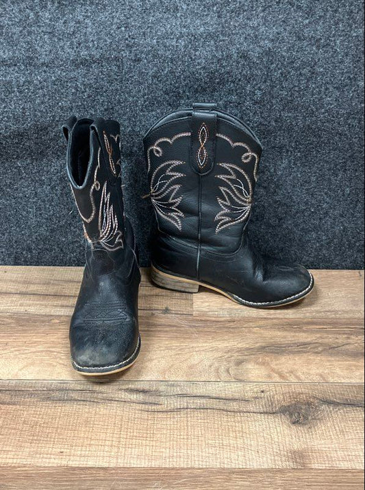 WOKOOT Kids Embroidered Western Cowboy Boots Square Toe Black Size 11