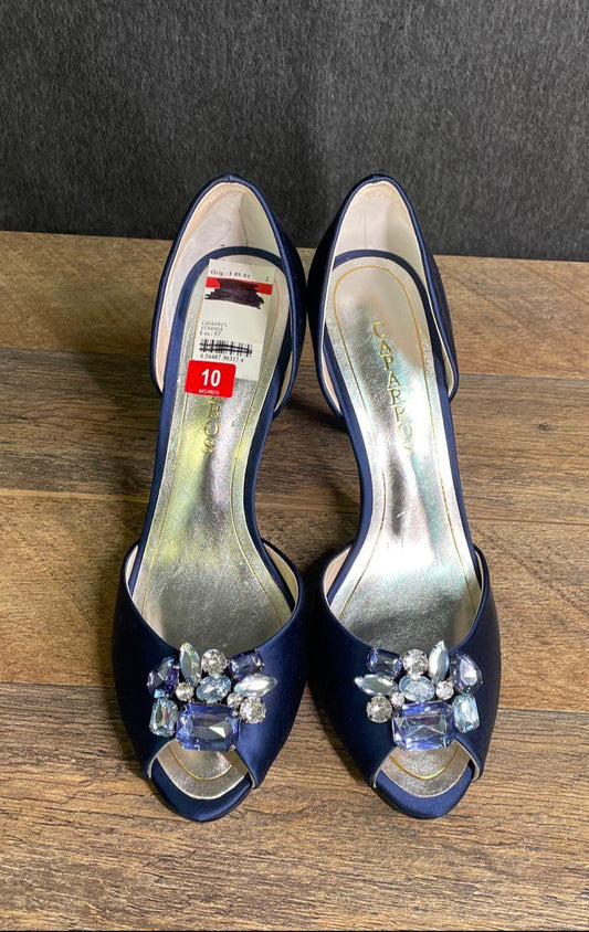Caparros Navy Blue Satin Crystal d'Orsay Peep Toe Heels Pumps Size 10