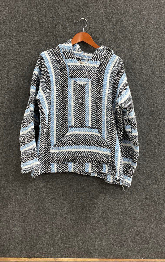 Earth Ragz Men's Baja Hoodie Sweater Blue White Striped Chevron Pullover Sz L