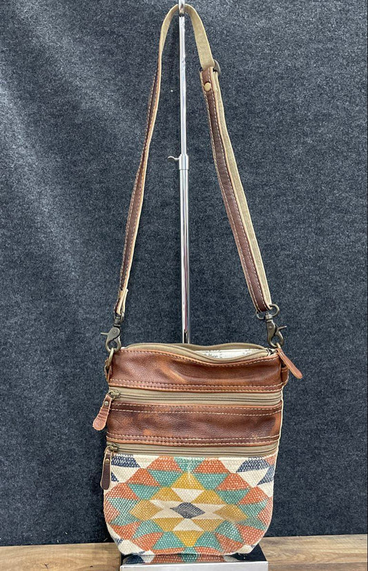 Myra Bag Multicolor Geometric Woven Fabric & Brown Leather Crossbody Handbag