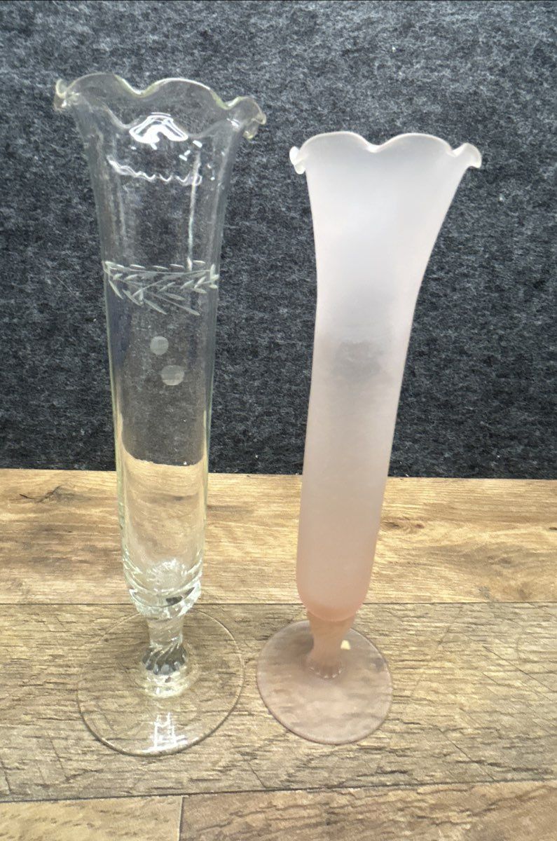 Vintage Bud Vases Set of 2 Pink Satin Frosted & Clear Cut Glass Ruffled Rim