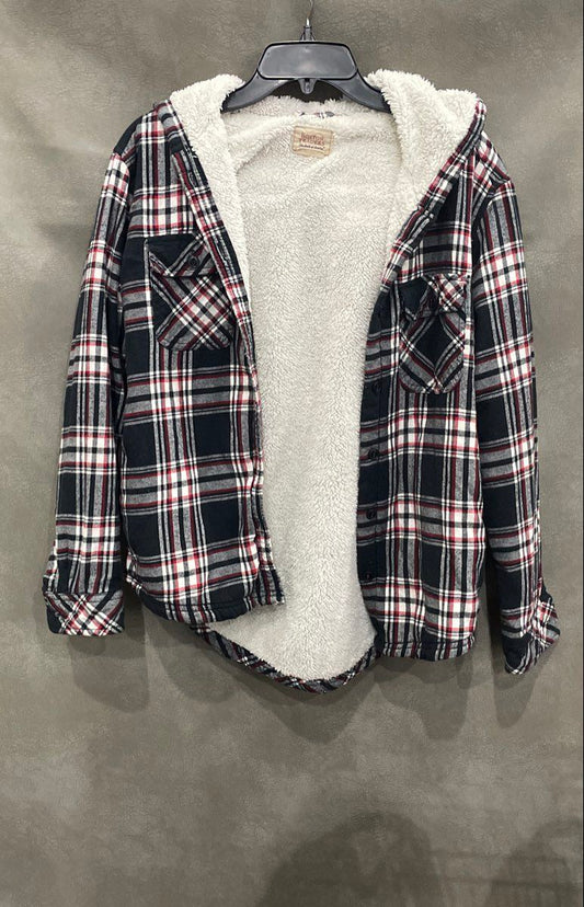 Boston Traders Men's Red Black Plaid Sherpa Lined Hooded Shirt Jacket Sz S