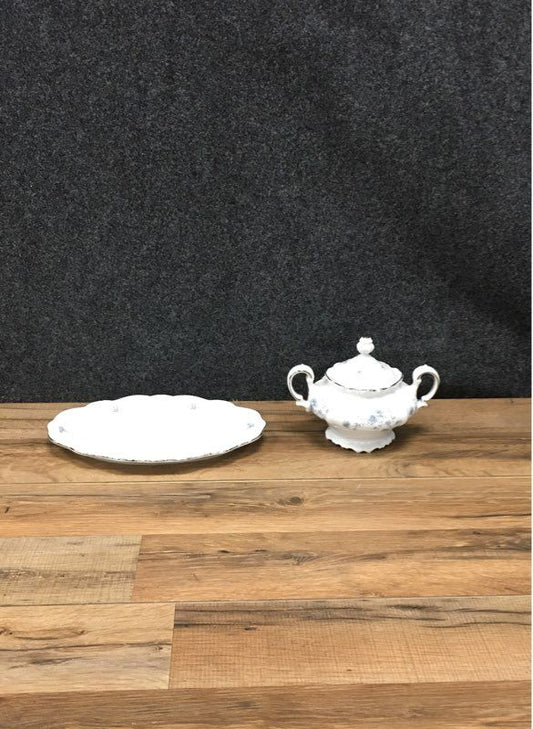 Johann Haviland Blue Garland Lidded Sugar Bowl & Underplate Set Vintage