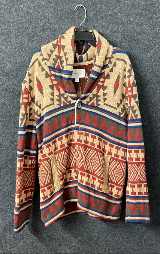 Sun + Stone Men's Pioneer Cardigan Sweater Multicolor Shawl Collar Aztec M