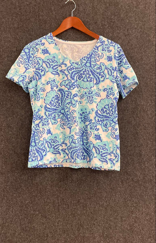 Talbots Women's Blue Paisley Print V-Neck Short Sleeve Tee Size Petite L