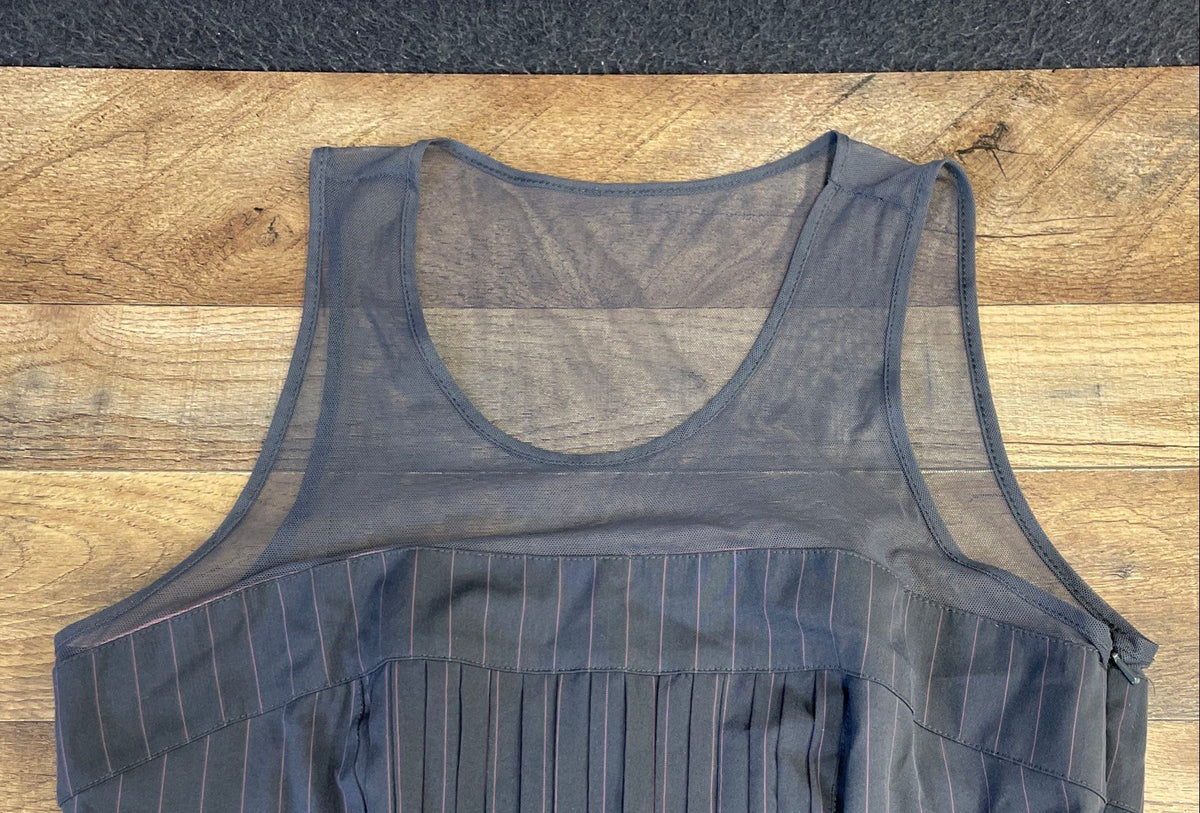Bebe Women's Grey Pink Pinstripe Pleated Mesh Accent Sleeveless Dress Sz 8