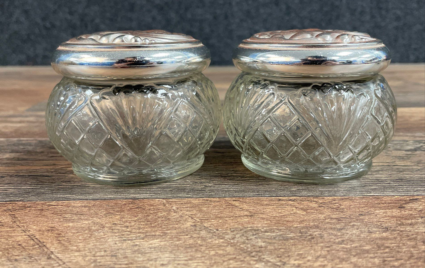 Vintage Avon Set 2 Pressed Glass Vanity Jars Ornate Silver Tone Lids