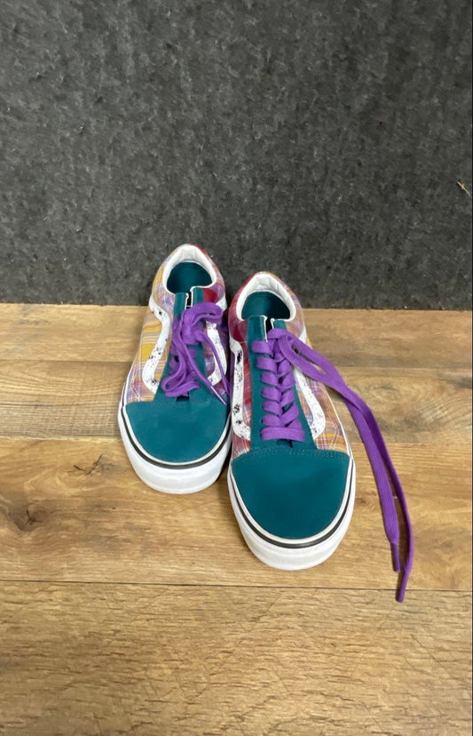 Vans Old Skool Multi-Color Plaid Teal Purple Low Top Sneakers Men 7 Women 8.5