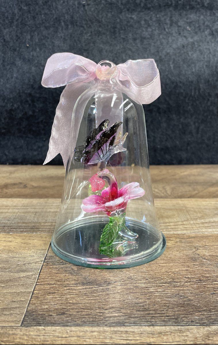 Glass Dome with a Glass Butterfly on a Glass Leaf Figurine