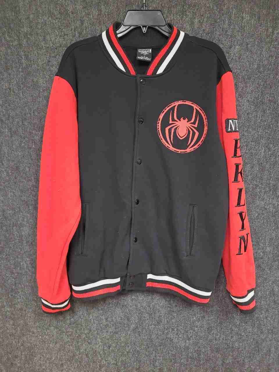 Marvel Men's Miles Morales Spider-Man Brooklyn Varsity Jacket Black Red Sz M