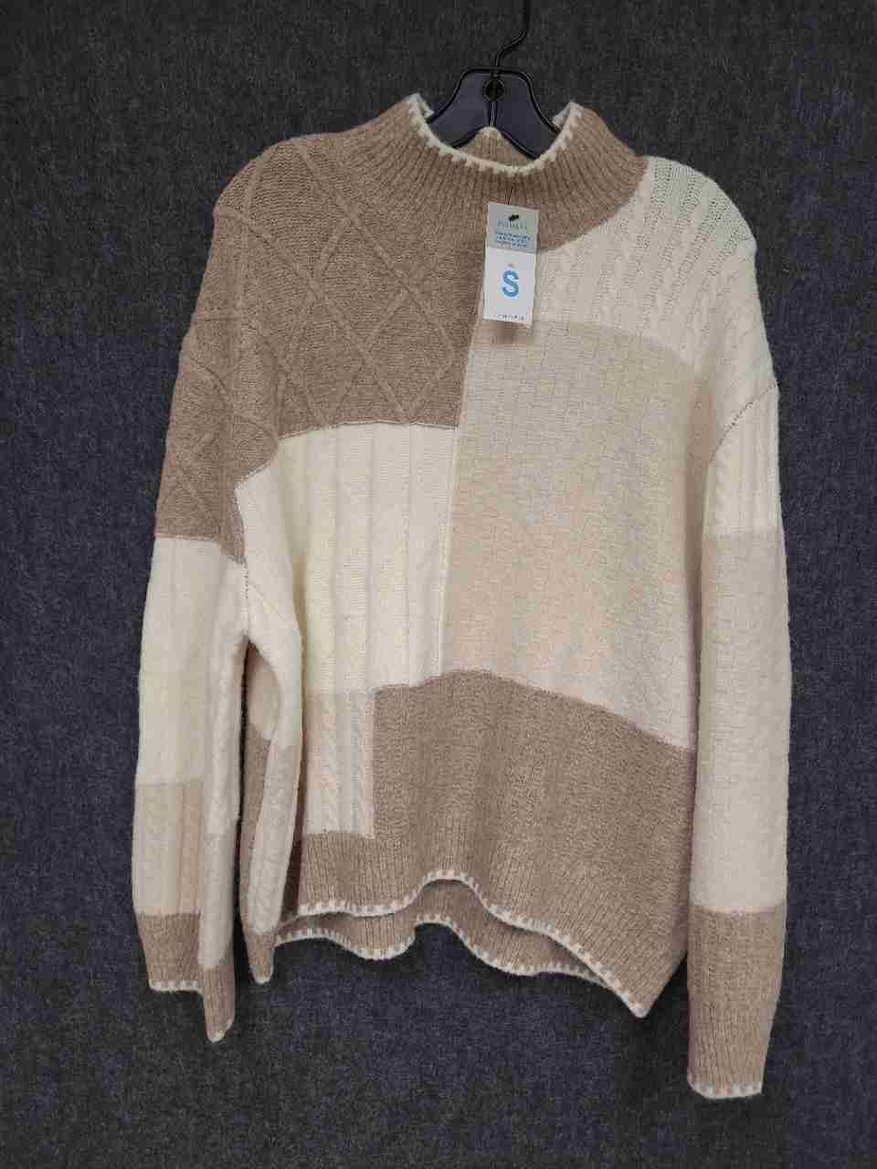 Primark Women's Beige Cream Patchwork Cable Knit Mock Neck Sweater Sz S NWT