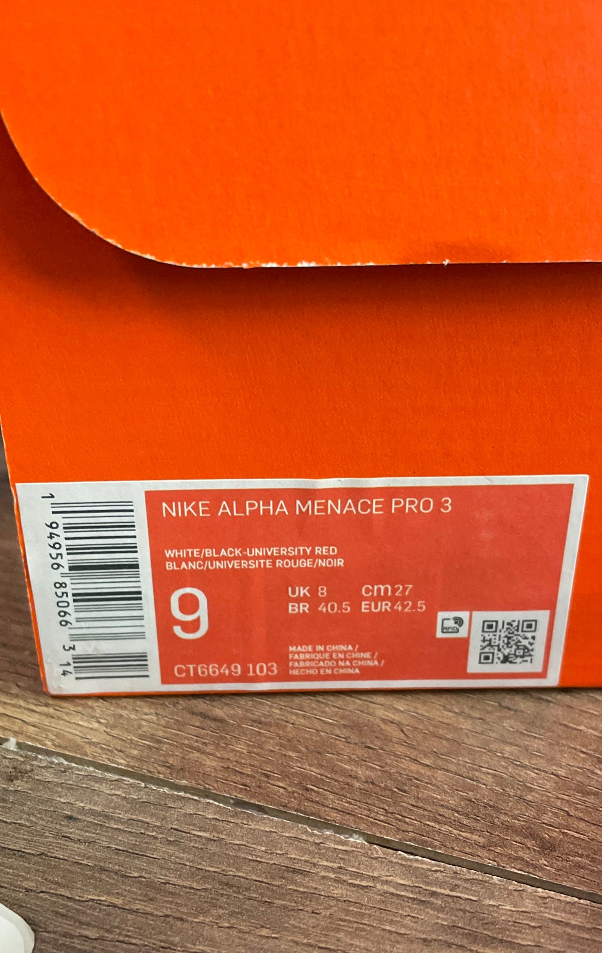 Nike Alpha Menace Pro 3 White Black University Red Football Cleats Size 8