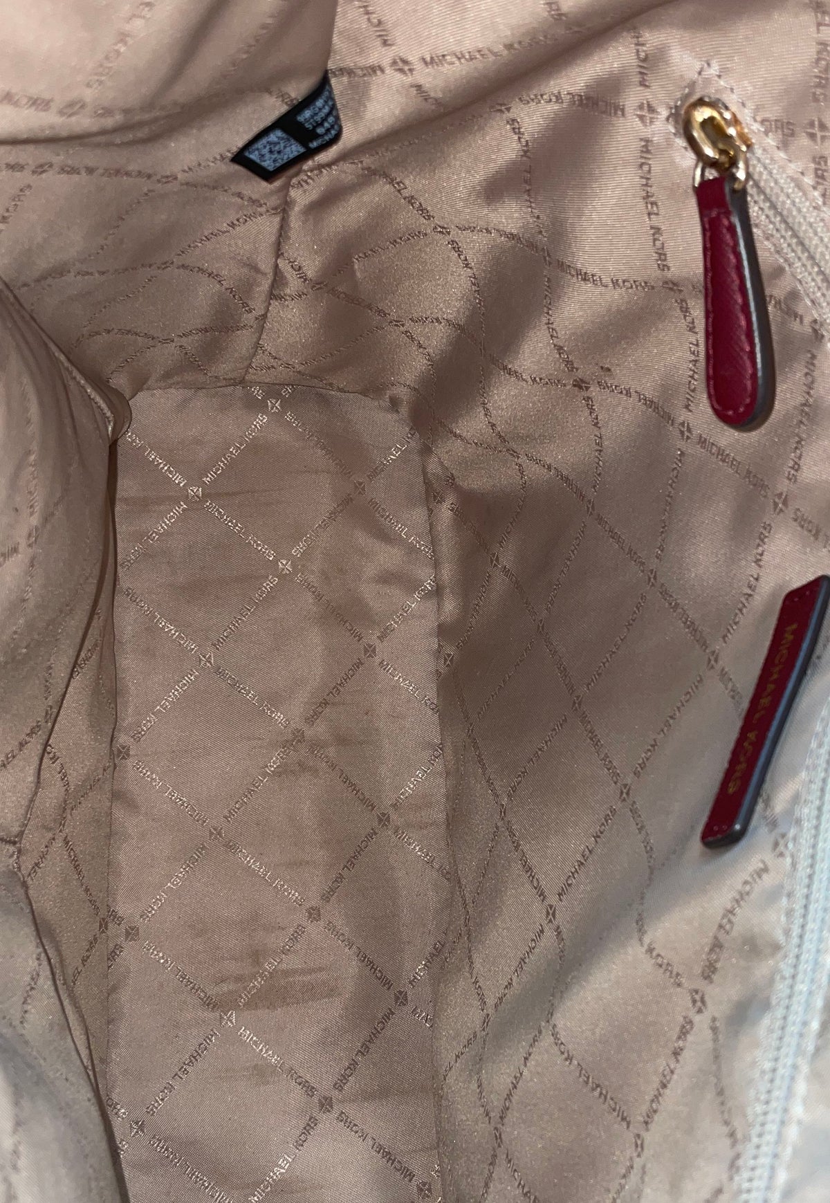Michael Kors Burgundy Charlotte Saffiano Leather Top Zip Tote Gold Hardware