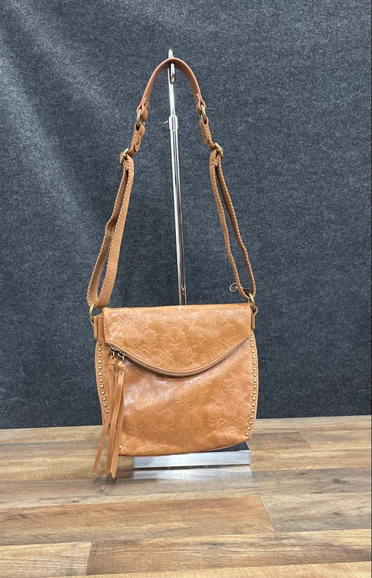 The Sak Tan Floral Embossed Leather Silverlake Flap Crossbody Bag Studded