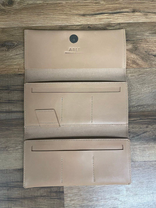 ABLE Tan Leather Debre Trifold Wallet Handmade in Ethiopia Monogram K
